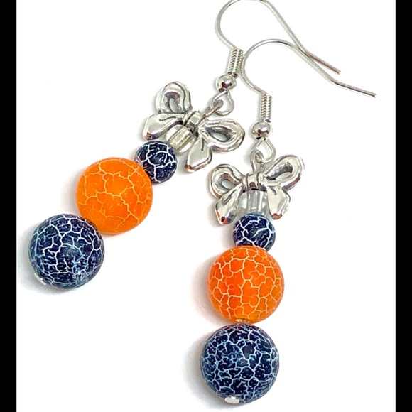 Halloween Orange Black Crack Agate w/ Bow Earrings - Picture 2 of 3
